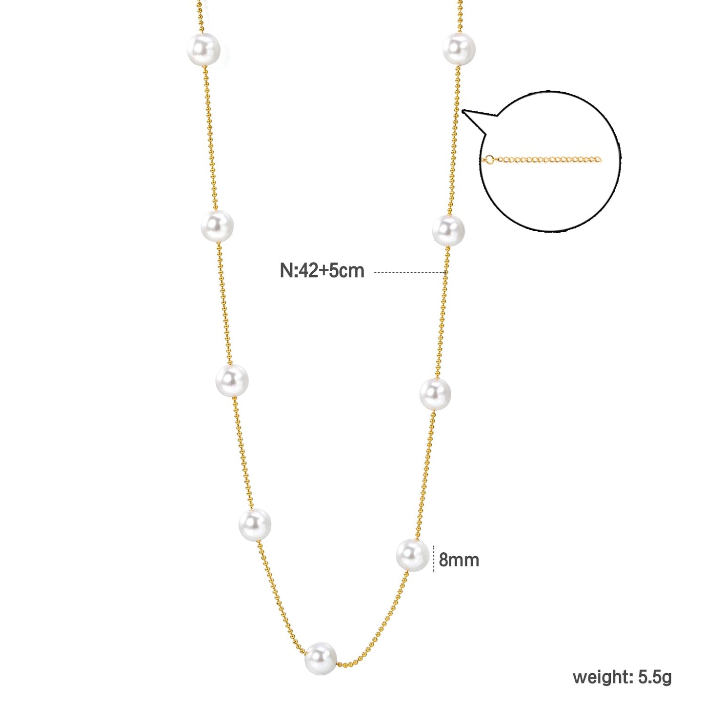 7pcs 8mm white pearl beads necklace 1.2mm*42+5cm gold color asonjewelry