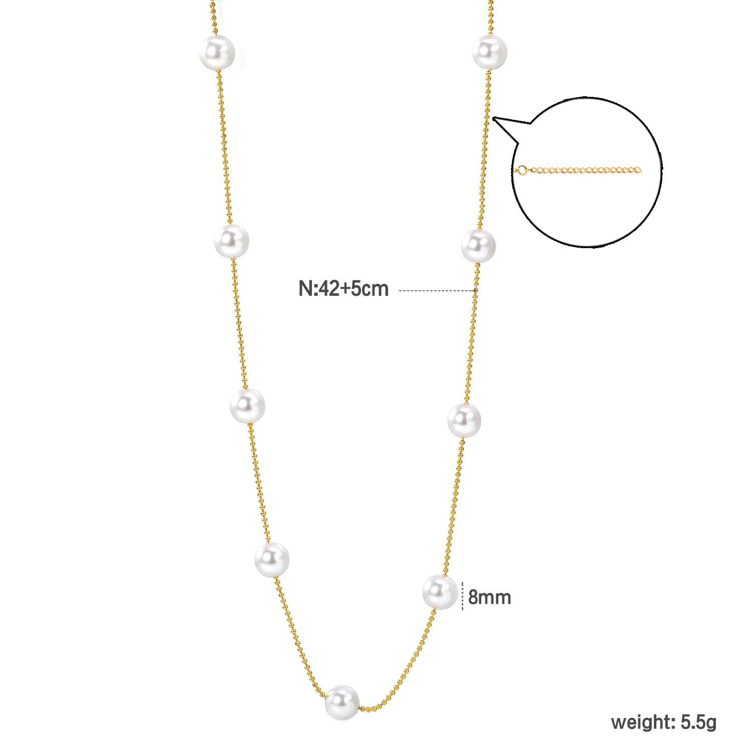 7pcs 8mm white pearl beads necklace 1.2mm*42+5cm gold color asonjewelry