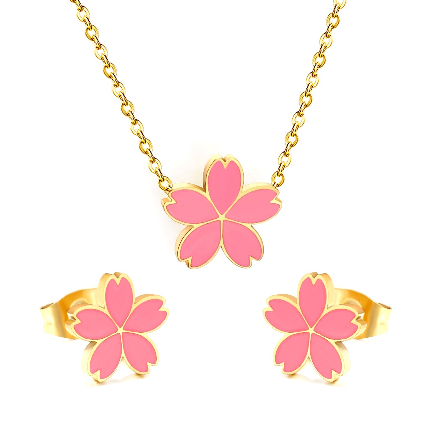 10mm Cherry Blossom with Pink Drip Earrings + 12.5mm Pendant Set Cross 0.3mm*45+5cm+6mm Round Gold Color asonjewelry
