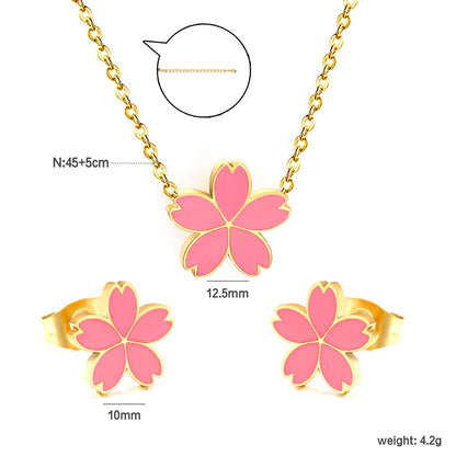 10mm cherry blossom with pink oil drop earrings + 12.5mm pendant set cross 0.3mm*45+5cm+6mm round plate steel color / gold color asonjewelry