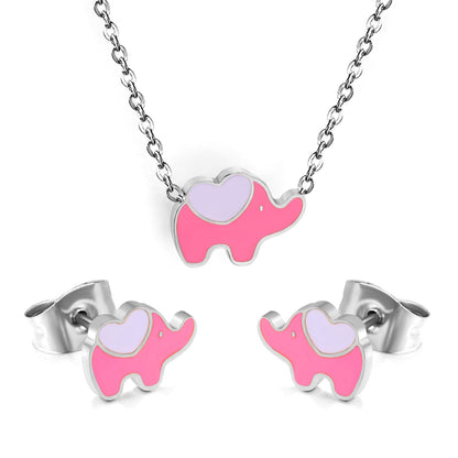 8.6*6.4mm small elephant with pink oil drop earrings +12.2*9mm pendant set cross 0.3mm*45+5cm+6mm round plate steel color / gold color asonjewelry