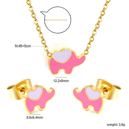 8.6*6.4mm small elephant with pink oil drop earrings +12.2*9mm pendant set cross 0.3mm*45+5cm+6mm round plate steel color / gold color asonjewelry