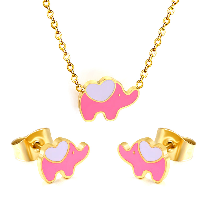 8.6*6.4mm small elephant with pink oil drop earrings +12.2*9mm pendant set cross 0.3mm*45+5cm+6mm round plate steel color / gold color