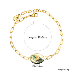 10.4*14.3mm Oval Abalone Shell with Butterfly Bracelet 0.8mm*17+3cm+6mm Round Plaque GOLDEN