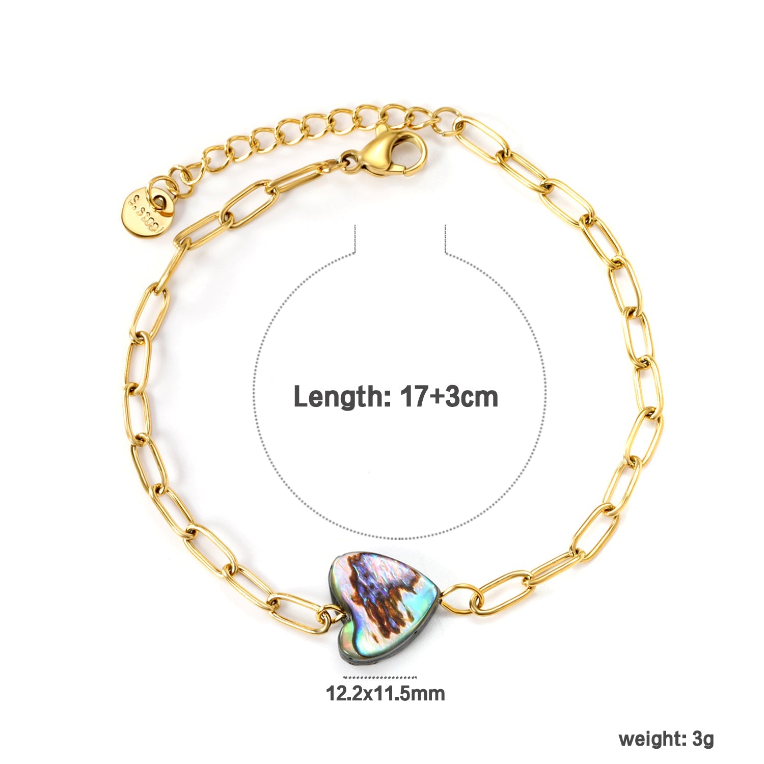 12.2*11.5mm Heart Shaped Abalone Shell Bracelet 0.8mm*17+3cm+6mm Round Plaque GOLDEN asonjewelry