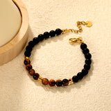 7mm Tiger's Eye Stone with Black Bead Accents 18+3cm+6mm Round Tag Bracelet Gold