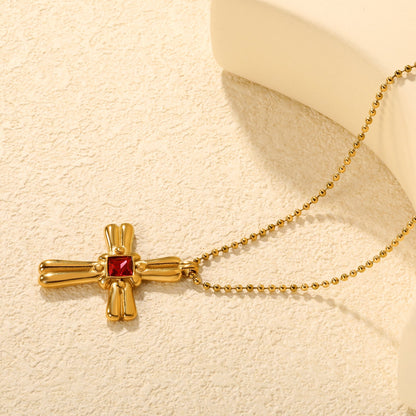 31*42mm Cross Square Rose-Colored Zircon Pendant Bead Chain Round End Cap Necklace, Gold asonjewelry