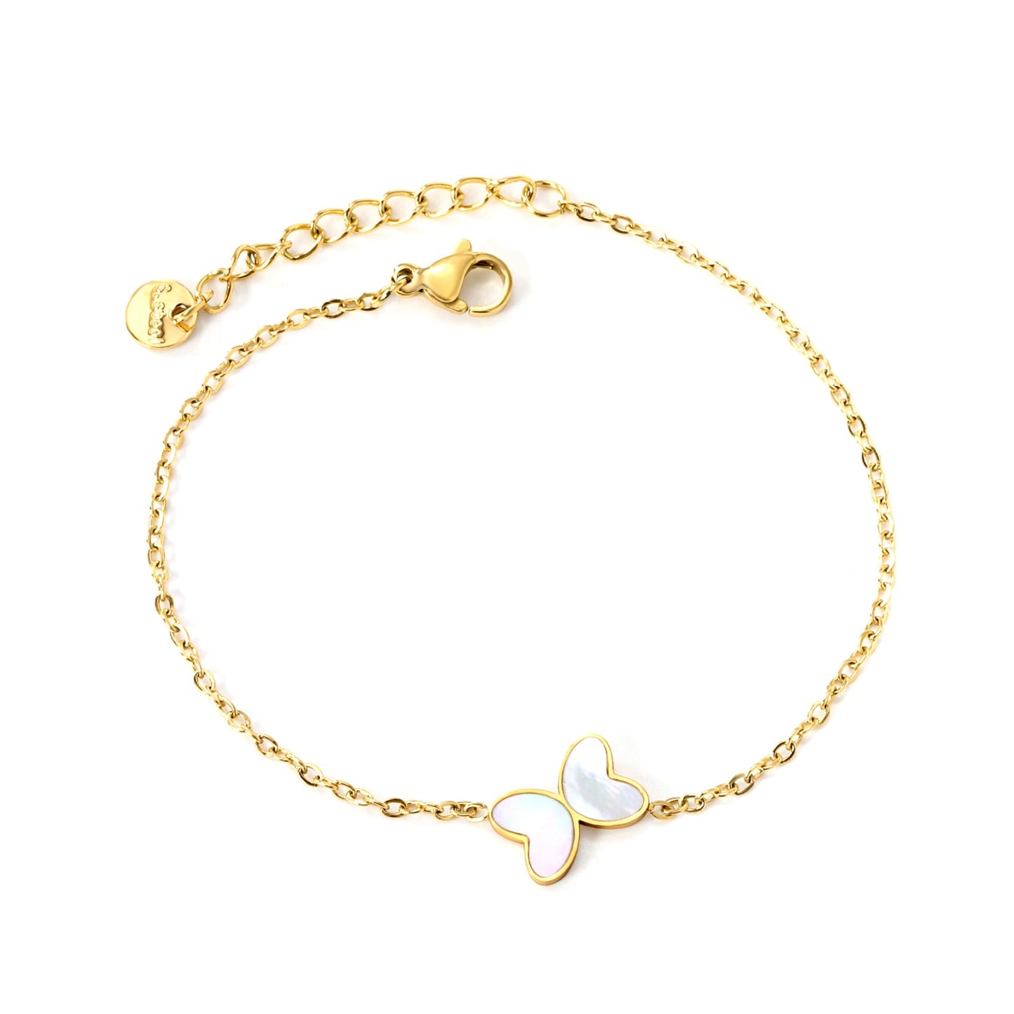 11.2*8mm Butterfly with White Shell/Black Yak/Pink Shell/Green Drip Oil Bracelet Cross Chain 0.4mm*17+3cm+6mm Round Tail Plaque Gold Color asonjewelry