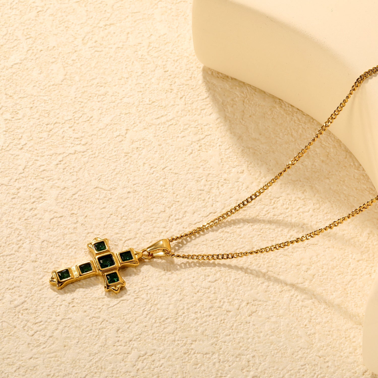 Cross-Shaped Square Emerald Nano Square Zircon Pendant 2.0 with Double-Sided Polished Round End Cap Necklace, Gold asonjewelry