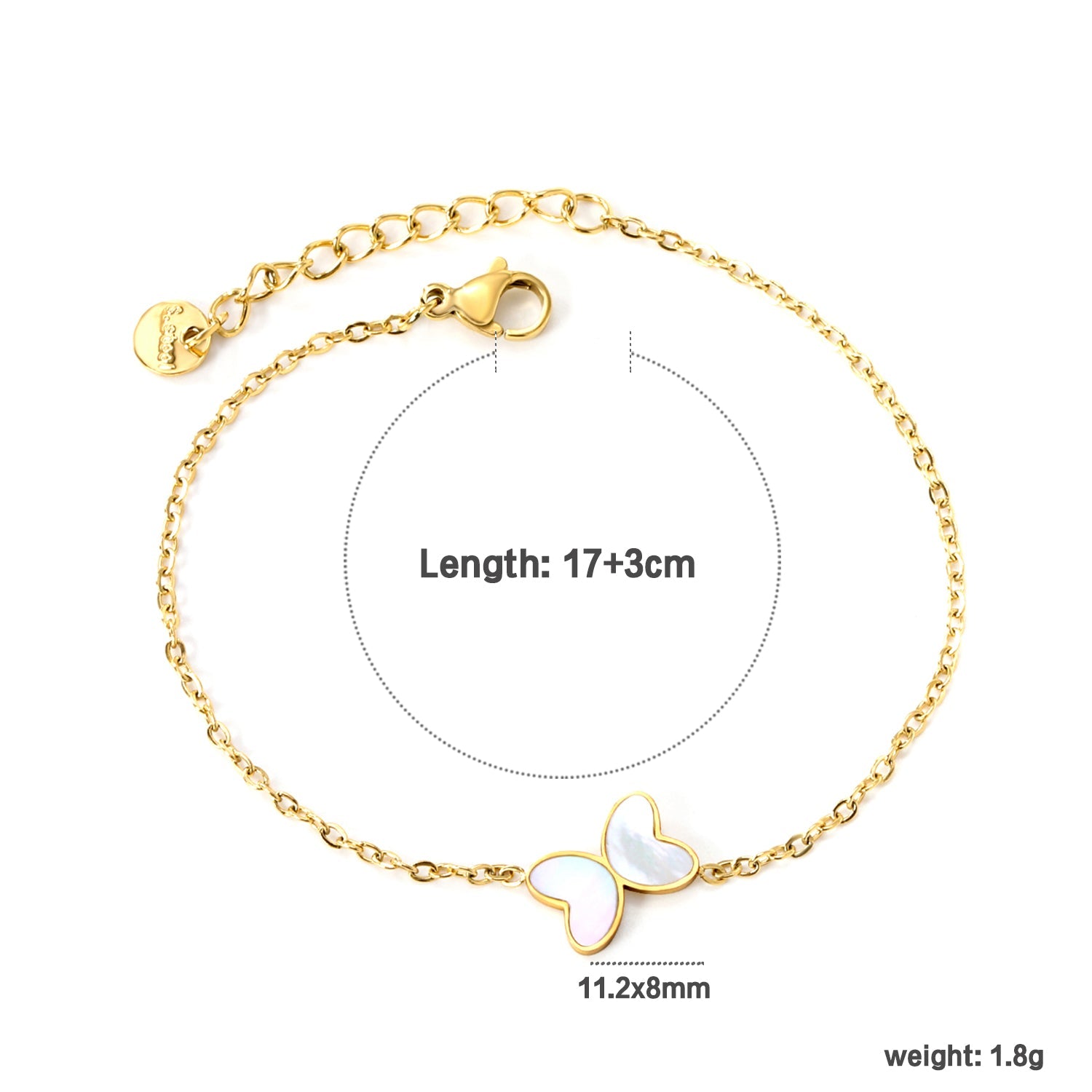 11.2*8mm Butterfly with White Shell/Black Yak/Pink Shell/Green Drip Oil Bracelet Cross Chain 0.4mm*17+3cm+6mm Round Tail Plaque Gold Color asonjewelry