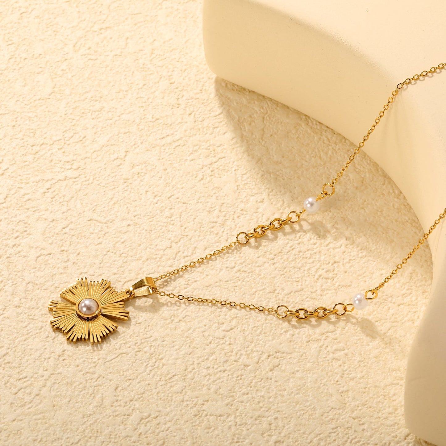 Irregular Sunflower Pearl Pendant 0.2mm Cross Chain Assembled Pearl Round Tag Necklace Gold asonjewelry