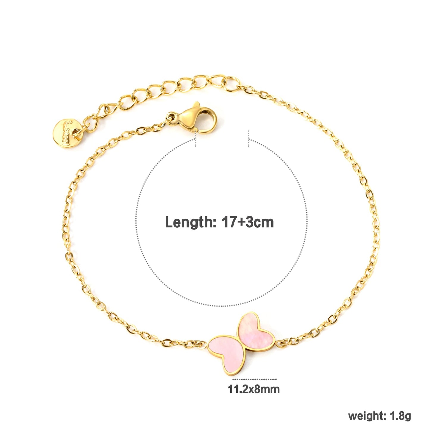 11.2*8mm Butterfly with White Shell/Black Yak/Pink Shell/Green Drip Oil Bracelet Cross Chain 0.4mm*17+3cm+6mm Round Tail Plaque Gold Color asonjewelry