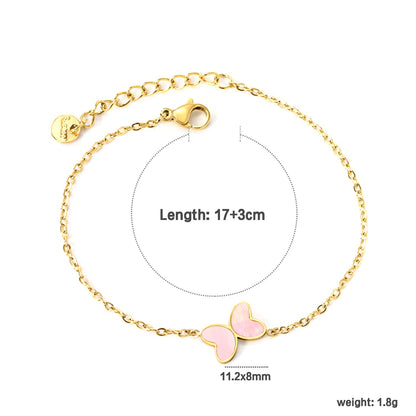 11.2*8mm Butterfly with White Shell/Black Yak/Pink Shell/Green Drip Oil Bracelet Cross Chain 0.4mm*17+3cm+6mm Round Tail Plaque Gold Color asonjewelry