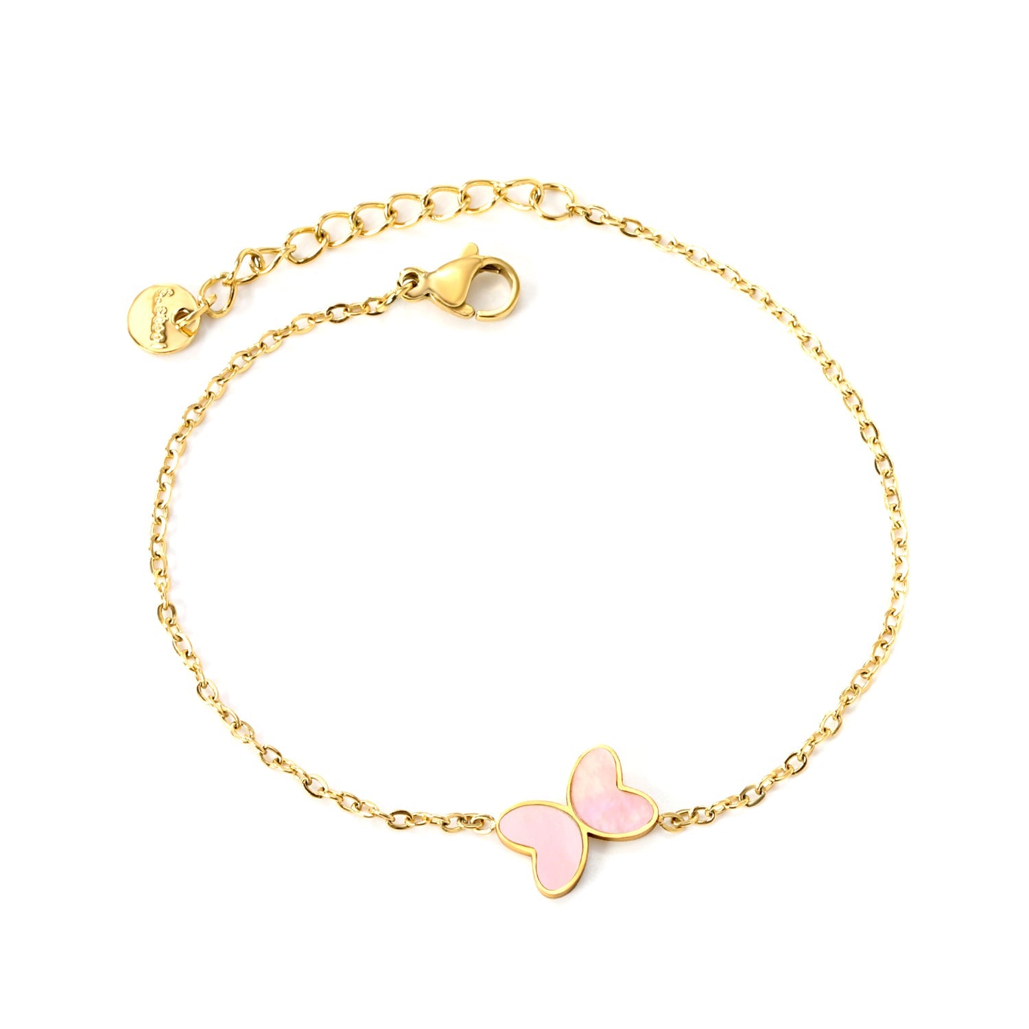 11.2*8mm Butterfly with White Shell/Black Yak/Pink Shell/Green Drip Oil Bracelet Cross Chain 0.4mm*17+3cm+6mm Round Tail Plaque Gold Color asonjewelry