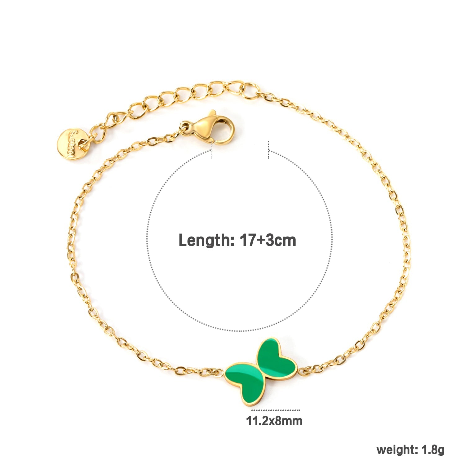 11.2*8mm Butterfly with White Shell/Black Yak/Pink Shell/Green Drip Oil Bracelet Cross Chain 0.4mm*17+3cm+6mm Round Tail Plaque Gold Color asonjewelry