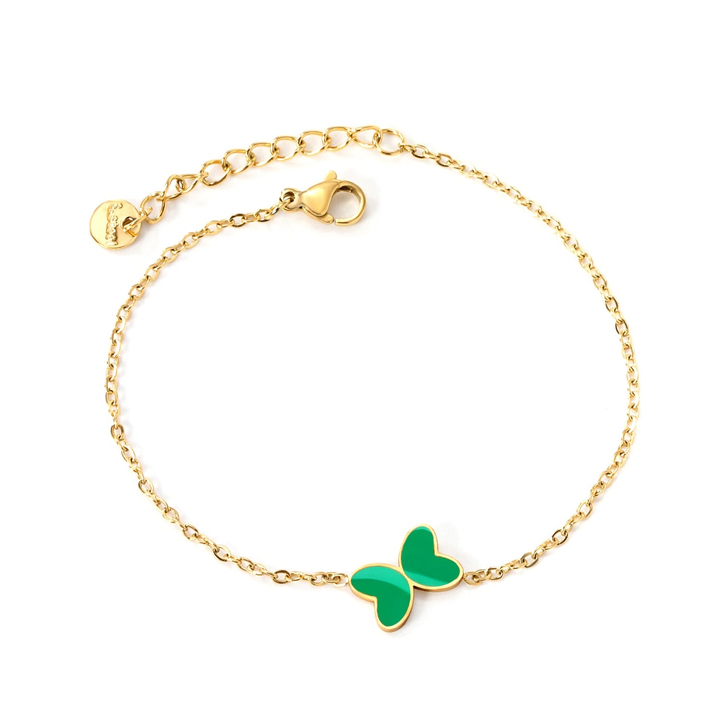 11.2*8mm Butterfly with White Shell/Black Yak/Pink Shell/Green Drip Oil Bracelet Cross Chain 0.4mm*17+3cm+6mm Round Tail Plaque Gold Color asonjewelry