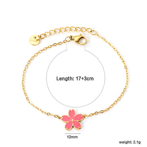 12mm Cherry Blossom with Pink Drip Oil Bracelet Cross 0.4mm*17+3cm+6mm Round Plaque GOLDEN