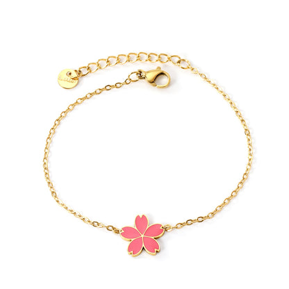 12mm Cherry Blossom with Pink Drip Oil Bracelet Cross 0.4mm*17+3cm+6mm Round Plaque GOLDEN asonjewelry