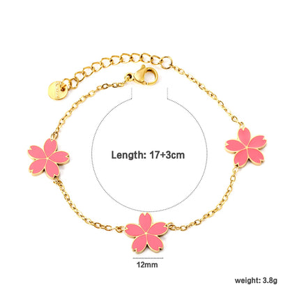 3 12mm cherry blossom with pink oil drop bracelet cross 0.4mm*17+3cm+6mm round plate Gold color asonjewelry