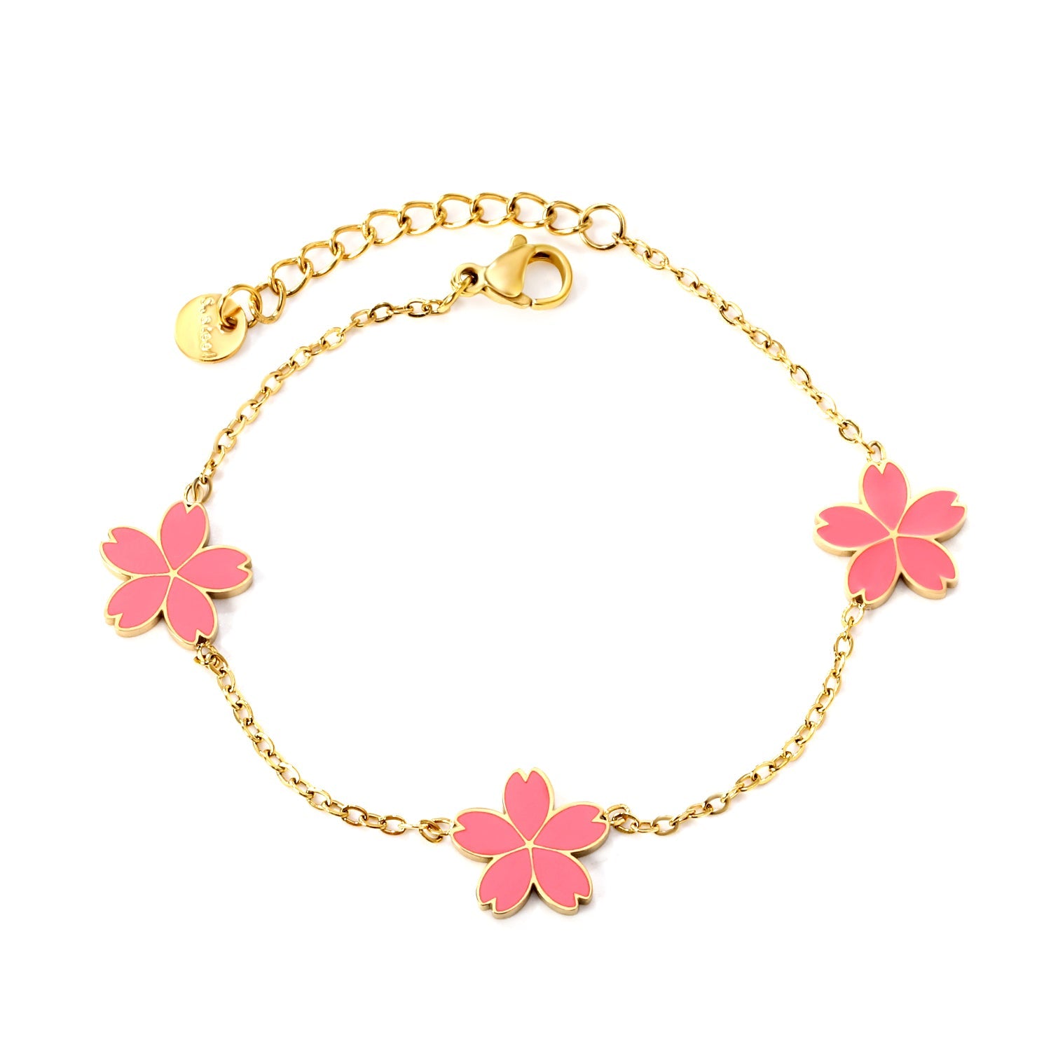 3 12mm cherry blossom with pink oil drop bracelet cross 0.4mm*17+3cm+6mm round plate Gold color asonjewelry