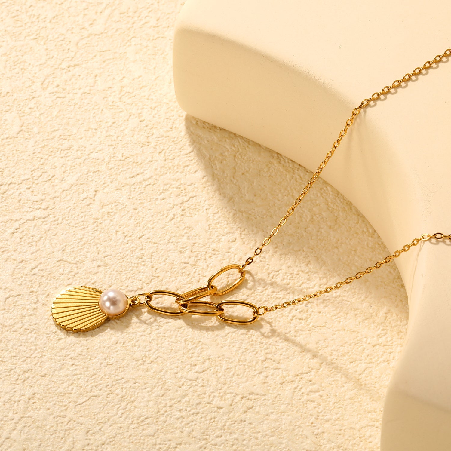 Shell Pearl Pendant 0.4mm Cross Chain Assembled Five Long Clasp Round Tag Necklace Gold asonjewelry