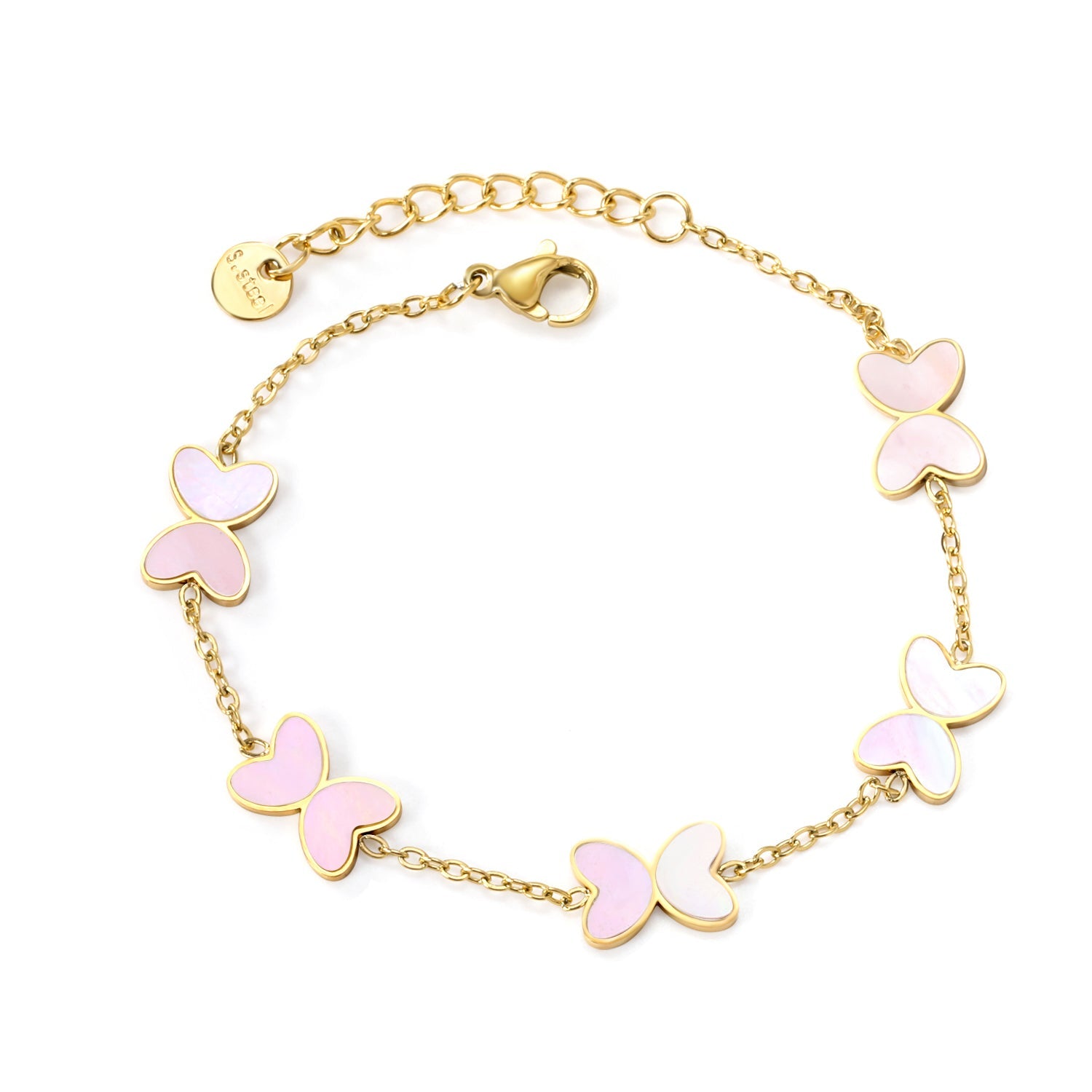 5pcs 11.2*8mm Butterfly with White Shell/Black Yak/Green Drip Oil Bracelet Cross Chain 0.4mm*17+3cm+6mm Round Plaque Gold Color asonjewelry