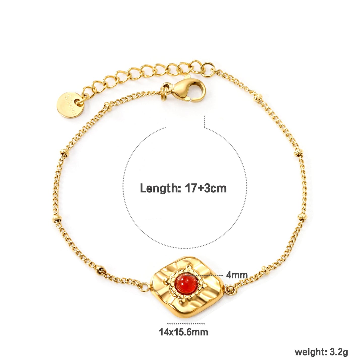 14*15.6mm rhombus with 4mm red stone bracelet 17+3cm gold color asonjewelry