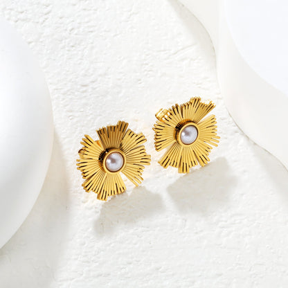20*19.7mm Irregular Sunflower Pearl Stud Earrings, Gold asonjewelry