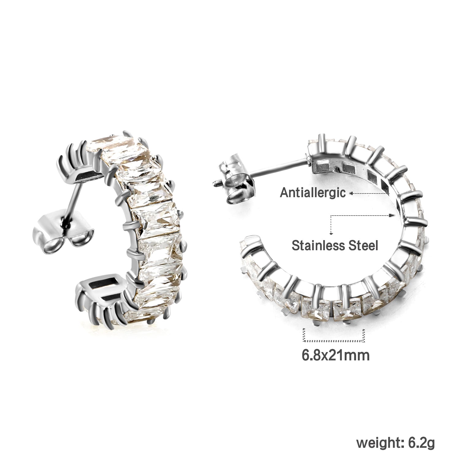 C-Shape with Two Catch Baguette White&Purple&Green&Mixed Diamond Stud Earrings 6.8*21mm asonjewelry