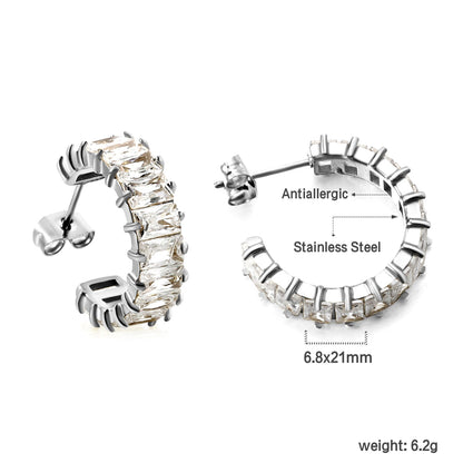 C-Shape with Two Catch Baguette White&Purple&Green&Mixed Diamond Stud Earrings 6.8*21mm asonjewelry