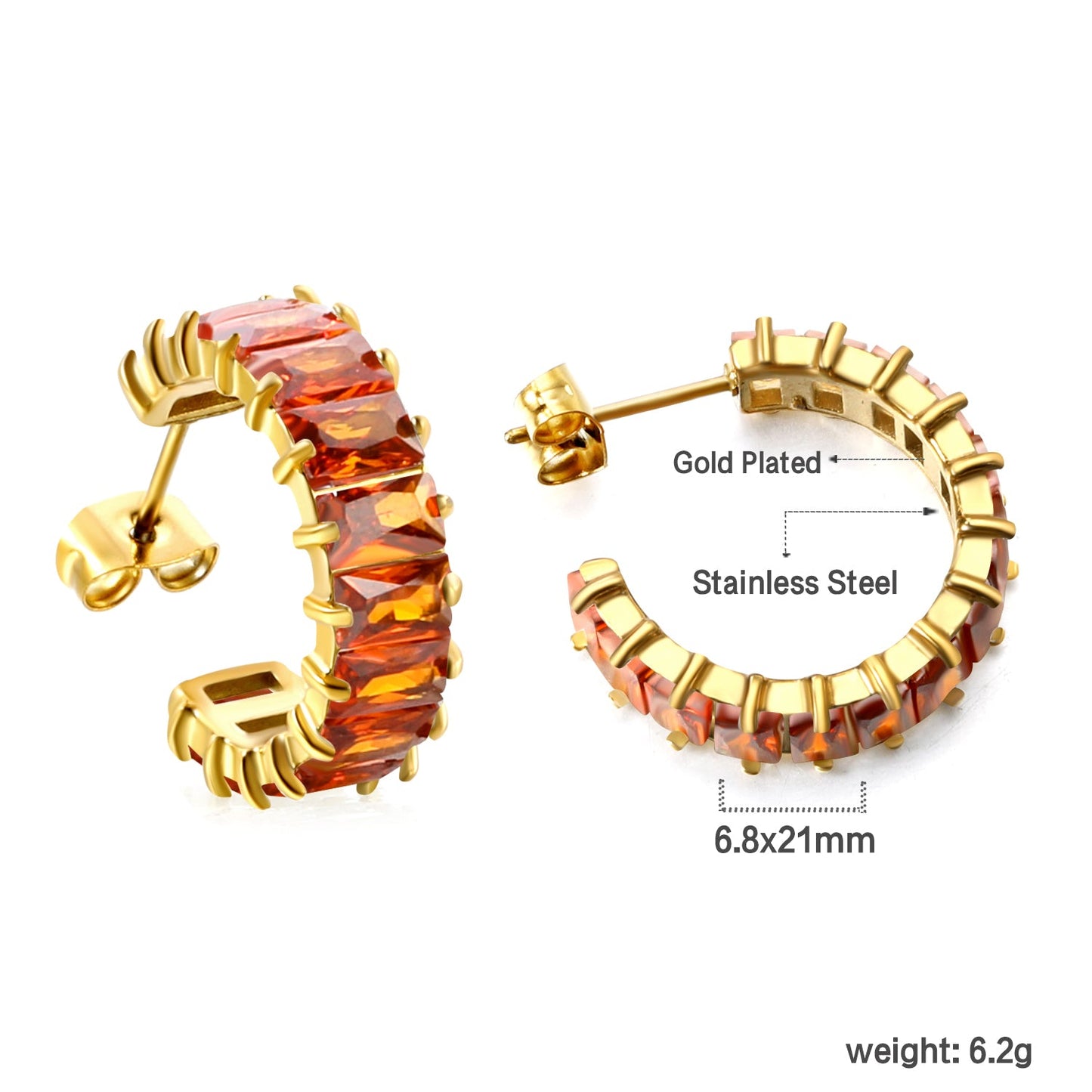 C-Shape with Two Catch Baguette White&Purple&Green&Mixed Diamond Stud Earrings 6.8*21mm asonjewelry