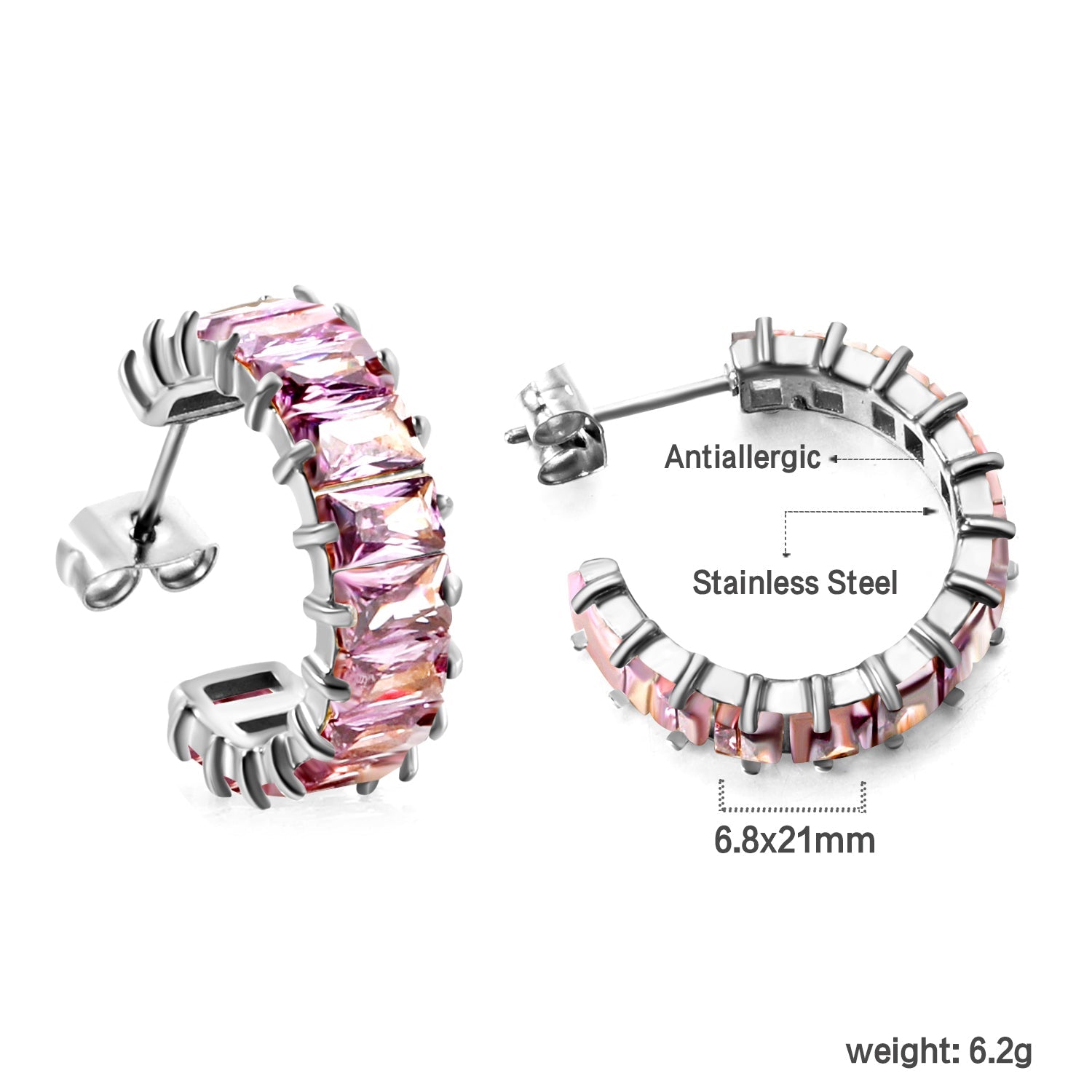 C-Shape with Two Catch Baguette White&Purple&Green&Mixed Diamond Stud Earrings 6.8*21mm asonjewelry