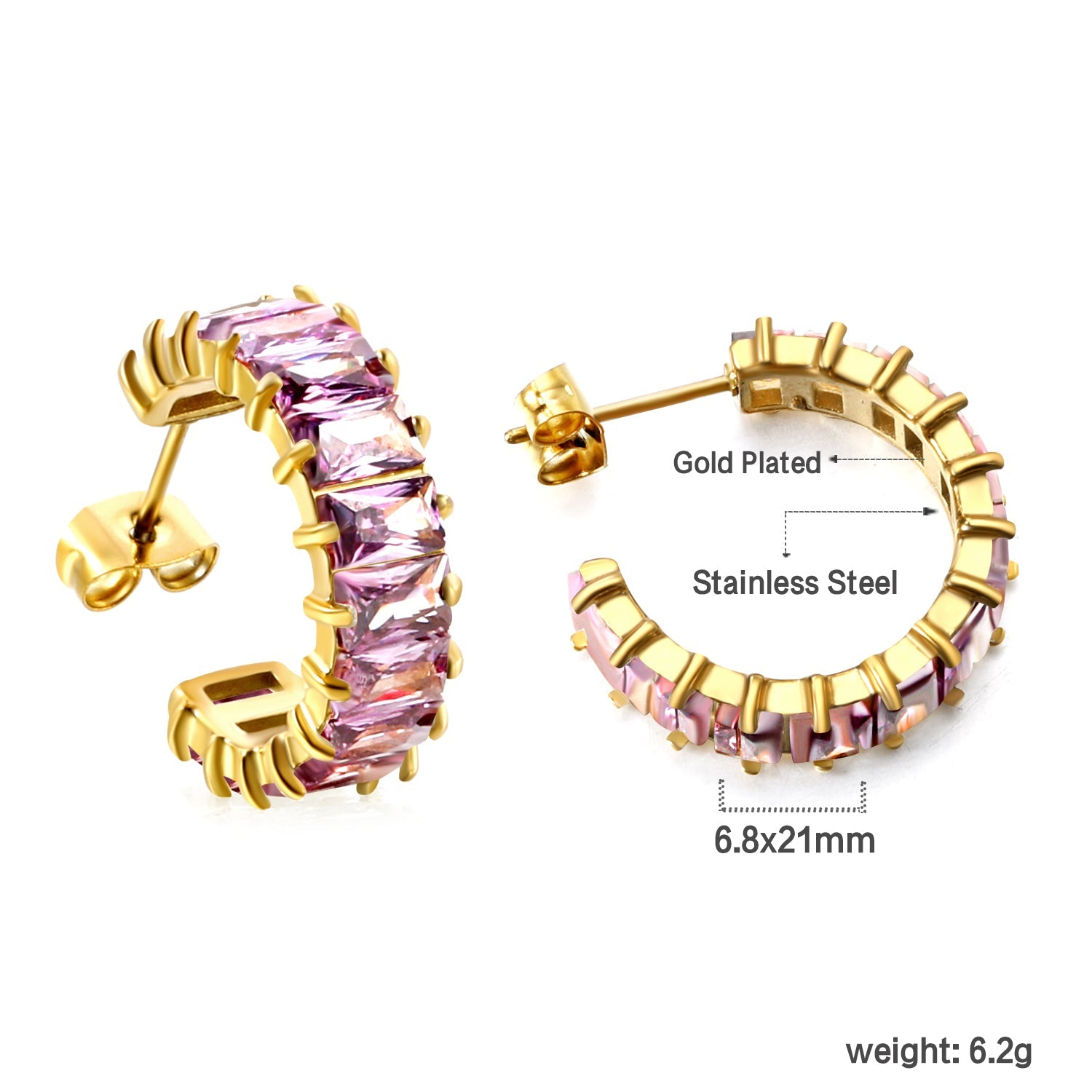 C-Shape with Two Catch Baguette White&Purple&Green&Mixed Diamond Stud Earrings 6.8*21mm asonjewelry