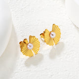 15.2mm*15.8mm Irregular Lotus Leaf Pearl Stud Earrings, Gold