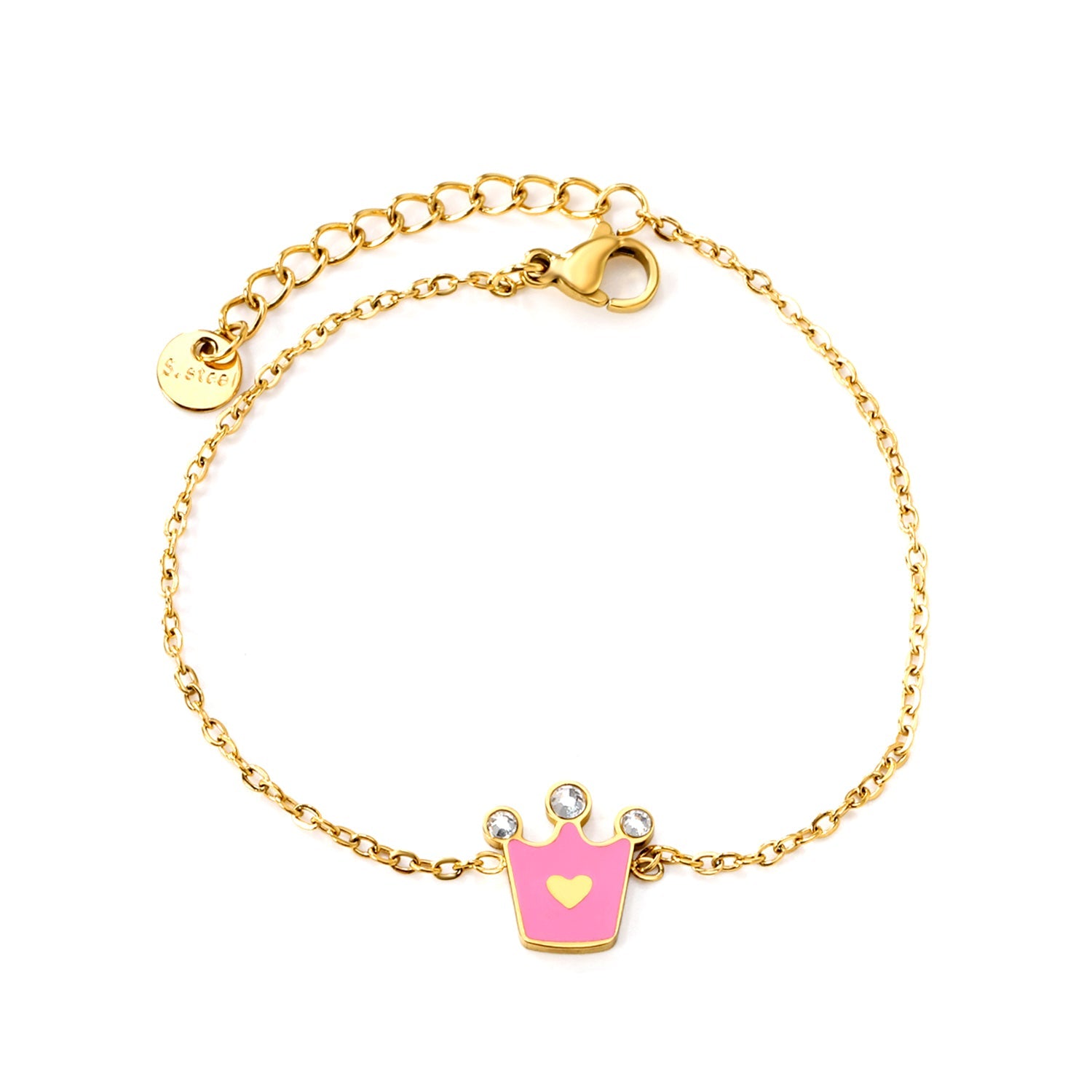 12mm Crown with Pink Oil Drip Bracelet Cross 0.4mm*17+3cm+6mm Round Plaque Gold Color asonjewelry