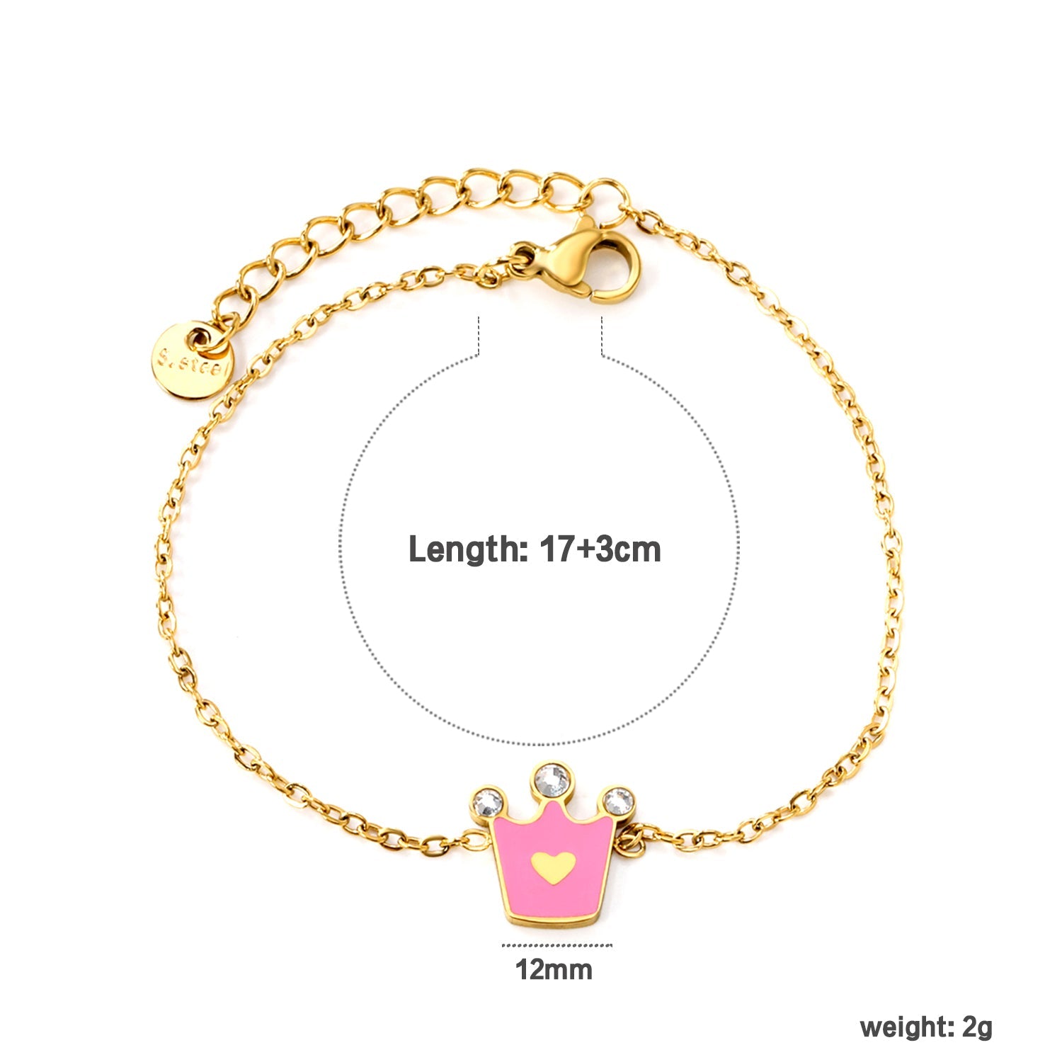 12mm Crown with Pink Oil Drip Bracelet Cross 0.4mm*17+3cm+6mm Round Plaque Gold Color asonjewelry