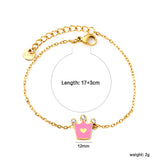 12mm Crown with Pink Oil Drip Bracelet Cross 0.4mm*17+3cm+6mm Round Plaque Gold Color