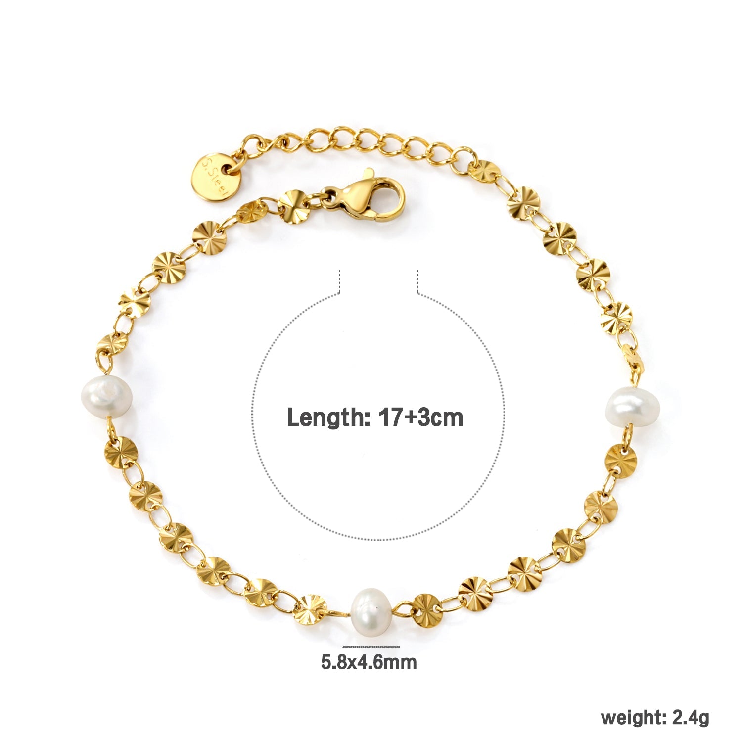 3pcs 5.8*4.6mm freshwater pearls+embossed round cake chain bracelet 17+3cm gold color asonjewelry
