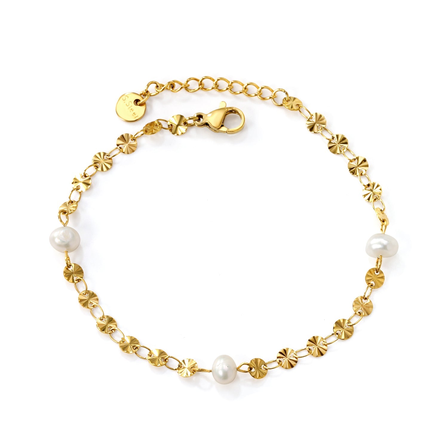 3pcs 5.8*4.6mm freshwater pearls+embossed round cake chain bracelet 17+3cm gold color asonjewelry