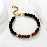 7mm Tiger's Eye Stone with Black Bead Accents 18+3cm+6mm Round Tag Bracelet Gold