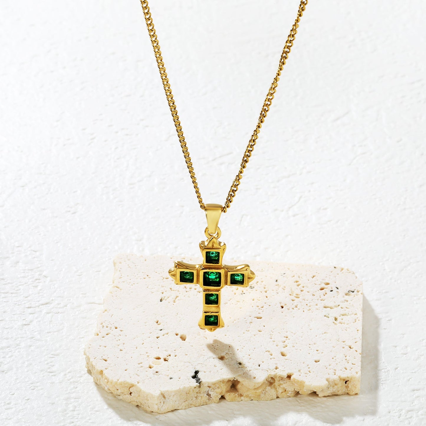Cross-Shaped Square Emerald Nano Square Zircon Pendant 2.0 with Double-Sided Polished Round End Cap Necklace, Gold asonjewelry