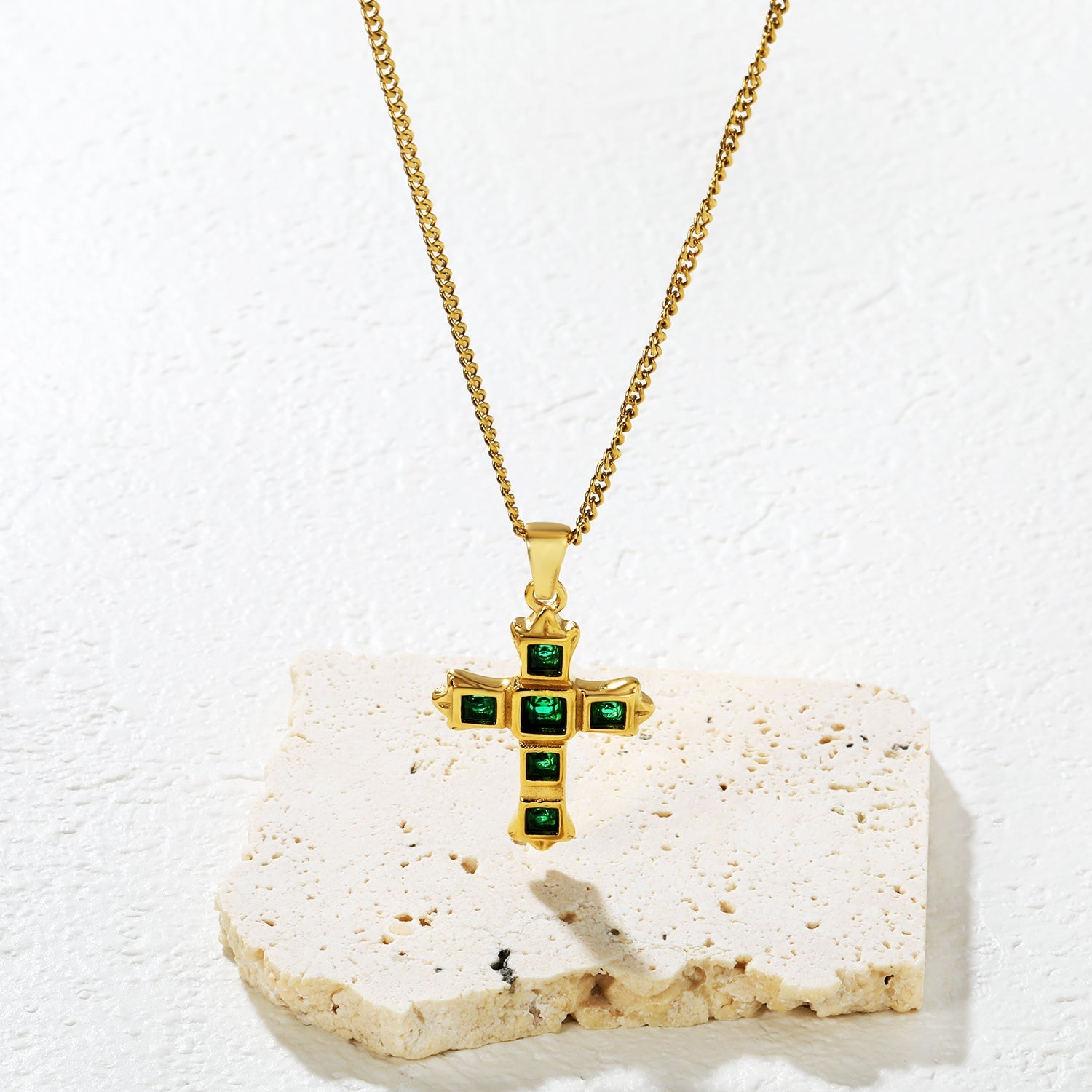 Cross-Shaped Square Emerald Nano Square Zircon Pendant 2.0 with Double-Sided Polished Round End Cap Necklace, Gold asonjewelry