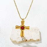 31*42mm Cross Square Rose-Colored Zircon Pendant Bead Chain Round End Cap Necklace, Gold