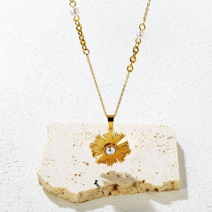 Irregular Sunflower Pearl Pendant 0.2mm Cross Chain Assembled Pearl Round Tag Necklace Gold asonjewelry