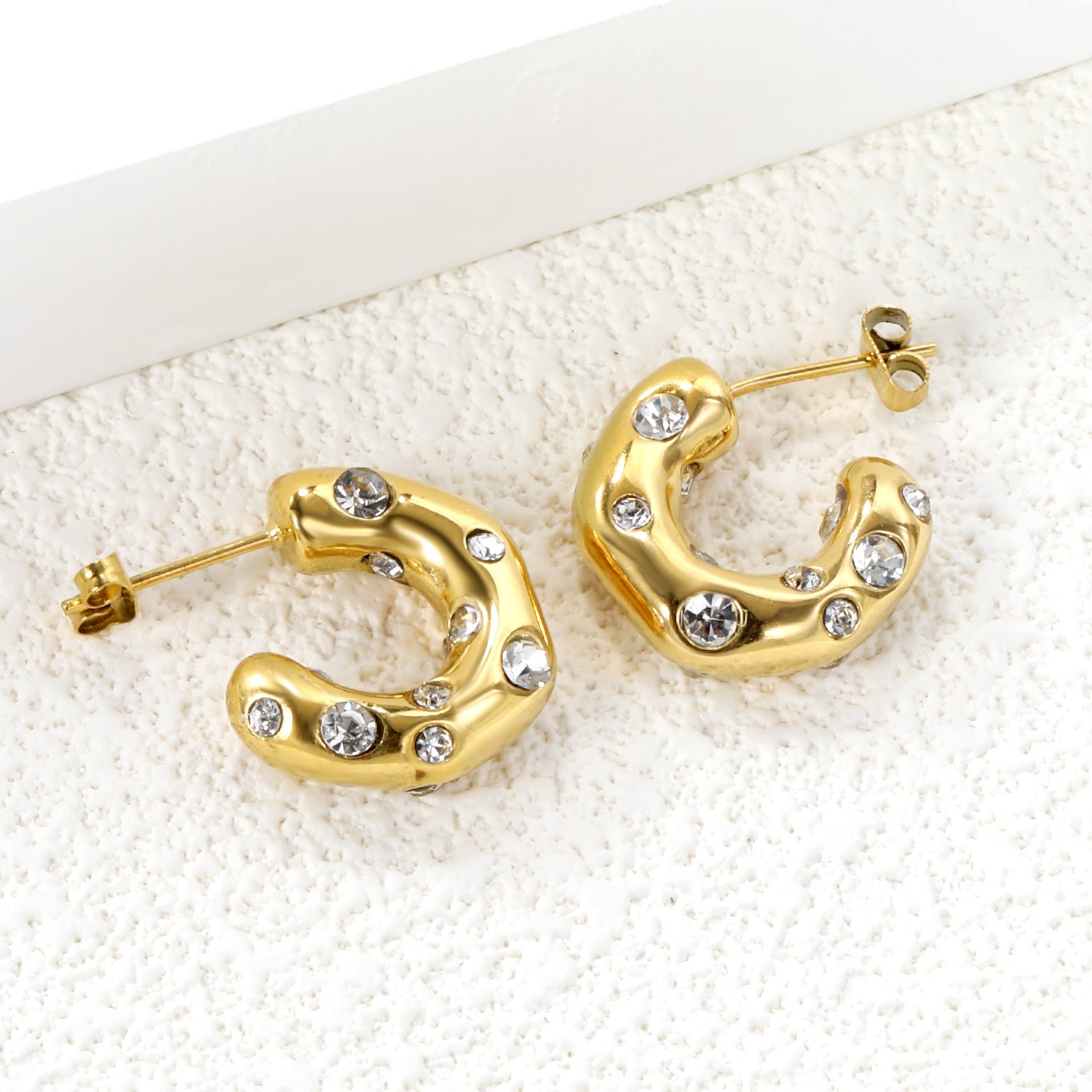 Half round earrings with white diamonds 5.6*high 18.3mm gold color asonjewelry