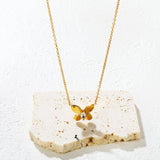 Butterfly-Set Marquise White Zirconia Pendant 0.3mm Cross Chain Round Tag Necklace Gold