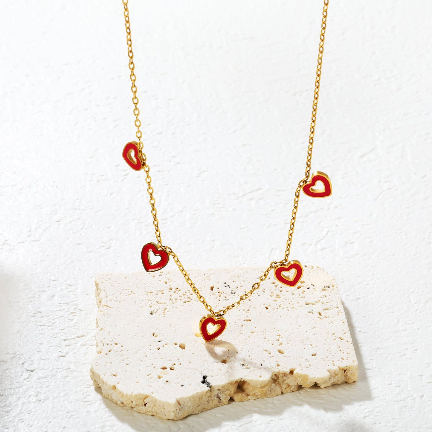 7.3*7.5mm 5 Pink Openwork Hearts 0.4mm Cross Chain Tag Necklace Gold asonjewelry