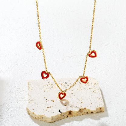 7.3*7.5mm 5 Pink Openwork Hearts 0.4mm Cross Chain Tag Necklace Gold asonjewelry