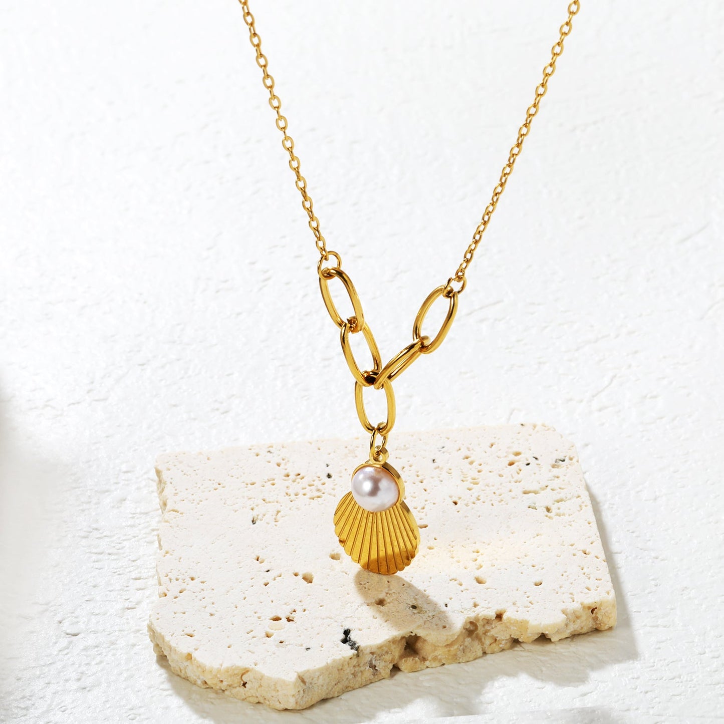 Shell Pearl Pendant 0.4mm Cross Chain Assembled Five Long Clasp Round Tag Necklace Gold asonjewelry