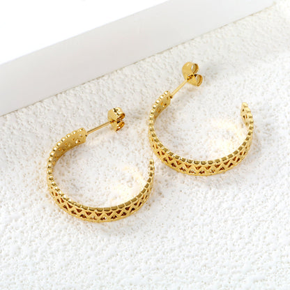 C-Shape Openwork Flower Earrings Thick1.4*W5*H25mm Goldtone asonjewelry